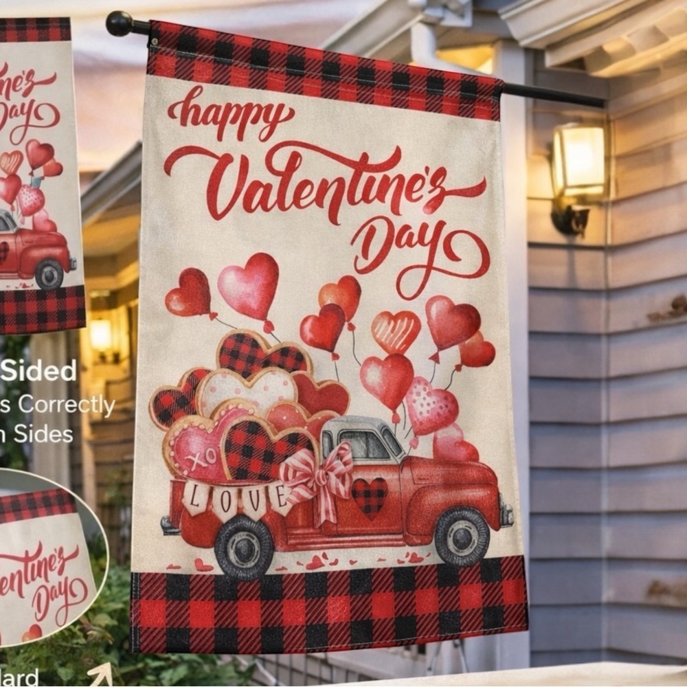 Briarwood Lane Happy Valentine’s Day House Flag Red Truck Hearts 28x40 Plaid